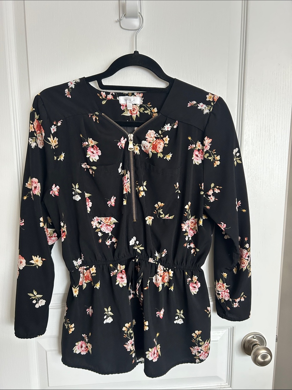 Stella Tweed Black Floral Zip-Front Drawstring Tunic